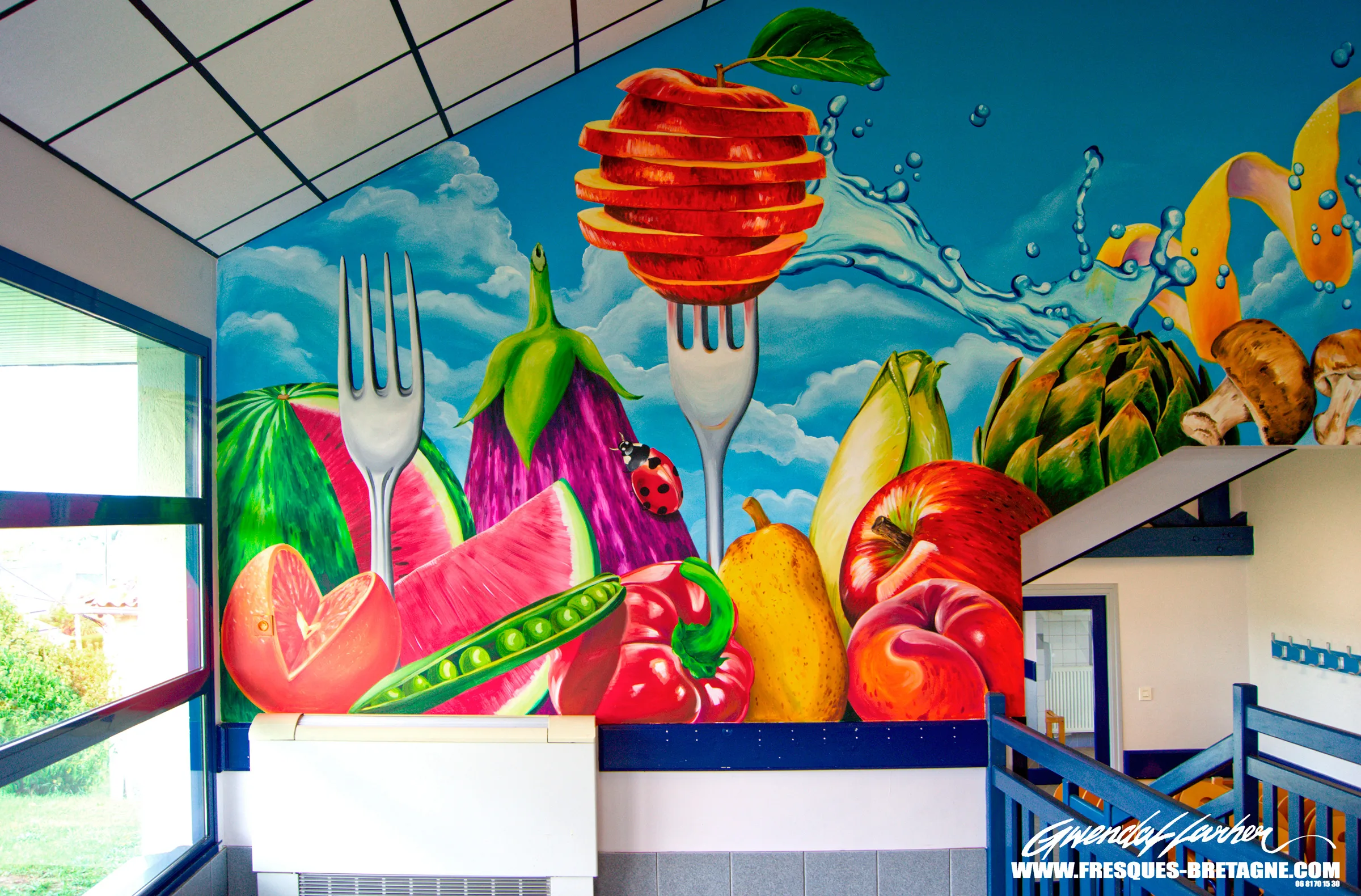 Aménagement réfectoire scolaire, fresque murale éducation au goût école du Penker entre Lannion et Plestin-les-Grèves